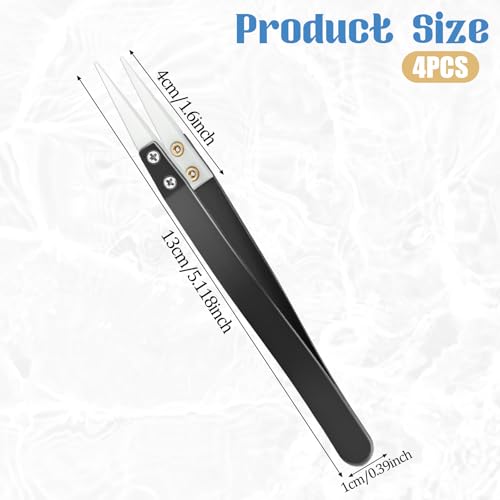 4pcs Ceramic Tweezers Stainless Steel Ceramic Precision Tweezers for Electronics, Non-Conductive Anti Static High Temperature Resistant Fine Point Tweezer for Precision Electrical Operation, Black