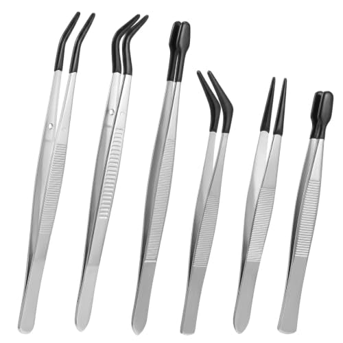6pcs Rubber Tipped Tweezers, Long Tweezers Bent Pointed Tipped Hobby Tweezer Flat Straight Tip Tweezers for Crafts Beads Jewelry Making Stamps Succulents Pet (Black,Silver) - color: Black