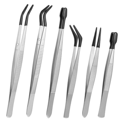 6pcs Rubber Tipped Tweezers, Long Tweezers Bent Pointed Tipped Hobby Tweezer Flat Straight Tip Tweezers for Crafts Beads Jewelry Making Stamps Succulents Pet (Black,Silver) - color: Black
