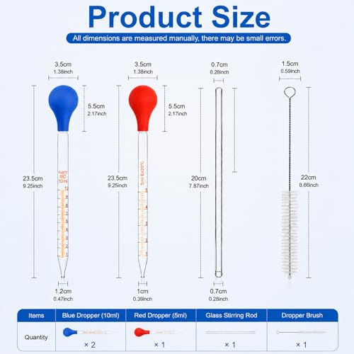 3Pcs Glass Pipettes Droppers, 10ml 5ml Glass Liquid Dropper with Rubber Cap, Graduated Water Dropper with Cleaning Brush and Stirring Rod for Essential Oil Lab Medicine DIY