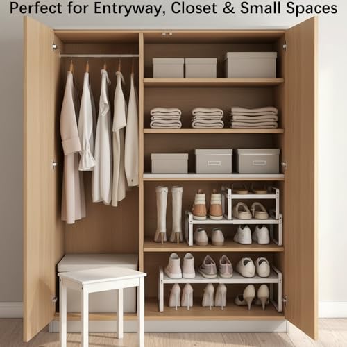 2-Pack Expandable Shoe Rack, Closet Organizer, 10" High, 15"-24" - color: White 2-pack, size: H: 10"