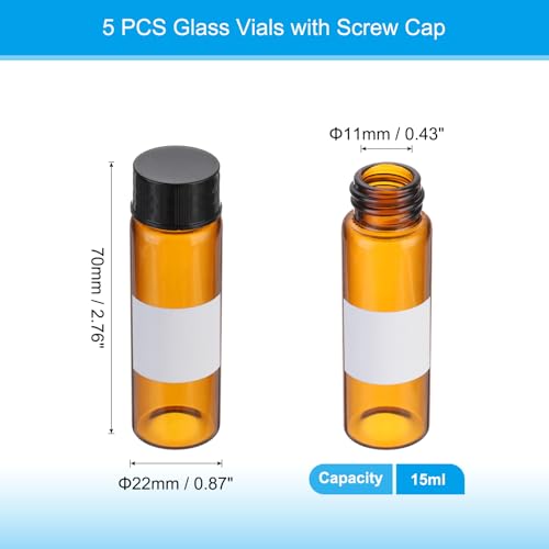 PATIKIL Small Glass Sample Bottles with Lids, 5 Pcs 15ml Amber Glass Vials with Black Screw Caps Mini Leak Proof Reagent Sealed Bottles with Writing Label for Solid Liquid Powder Storage - color: Black/Amber, size: 15ml