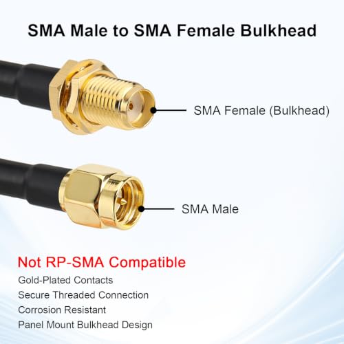 XRDS -RF Low Loss RG58 Coaxial Cable 100FT, SMA Male to SMA Female Bulkhead Extension Cable, Solid Copper 50 Ohm RF Wire for WiFi Antenna Router, 4G LTE Gateway - size: 100FT