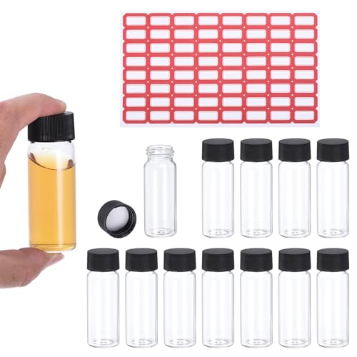 PATIKIL 30ml Clear Glass Vials, 12 Pack Sample Vials with Screw Cap Reagent Media Bottle with Labels Leak-Proof Liquid Sample Glass Vial for Lab Laboratory - color: Transparent, size: 30ml