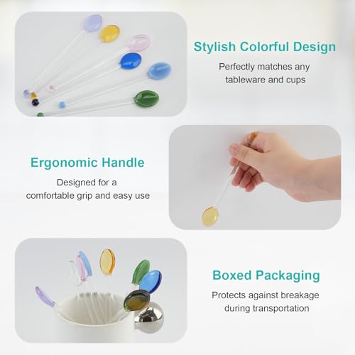 JEPELUS 9Pcs Colorful Glass Spoon, Stirring Spoons for Coffee Stirrers