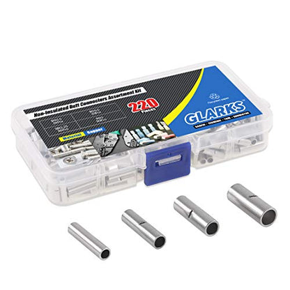 Glarks 220Pcs Non-Insulated Butt Connectors Assortment Kit, 22-16/16-14/14-12/12-10 AWG Gauge Seamless Uninsulated Electrical Wire Ferrule Cable Crimp Terminal Kit for Electrical Splice DIY