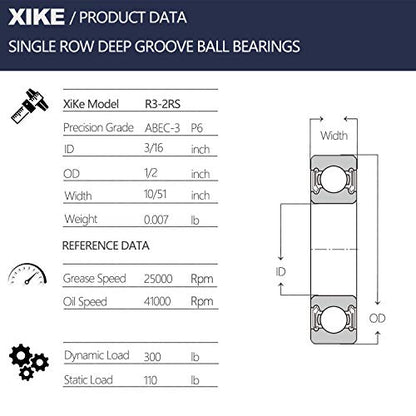 XiKe R3-2RS Sealed Ball Bearing, 3/16"x1/2"x0.196" (10-Pack) - size: R3-2RS - 4.763x12.7x4.978 mm