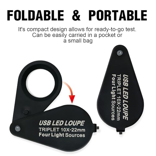 Rechargeable10x Jewelers Loupe Magnifier with UV&LED Lights, Eye Loupe 10x Magnifying Glass is Equipped with a 22mm Triplet Lens.Professional-Grade for Diamonds, Gemstones,Coins and Stamps - size: 10x Black