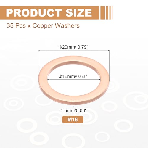 PATIKIL 35PCS M16 Copper Washers, M16x22x1.5mm Copper Crush Washer Metric Flat Washers Sealing Washers Assortment Kit Oil Drain Plug Gasket Ring for Automotive Battery Vehicles Screws Bolt - size: M16x22x1.5mm
