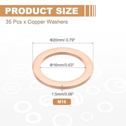 PATIKIL 35PCS M16 Copper Washers, M16x22x1.5mm Copper Crush Washer Metric Flat Washers Sealing Washers Assortment Kit Oil Drain Plug Gasket Ring for Automotive Battery Vehicles Screws Bolt - size: M16x22x1.5mm