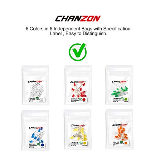 CHANZON 60 pcs(6 Colors x 10 pcs) 3mm LED Diode Lights Assored Kit Pack (Diffused Round DC 3V 20mA) Lighting Bulb Lamps Electronics Components 3 mm Light Emitting Diodes Parts - color: A) 6 Colors X 10pcs = 60pcs