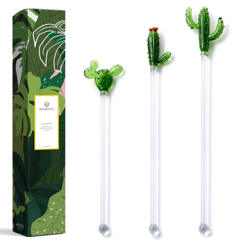 Homestia 3 Pieces Glass Swizzle Sticks with Cactus Decor, Drink Stirrers - color: 3 PCS + 6" / 6.8" / 7.7" + Glass Cactus Stirrer Set