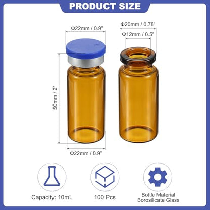 PATIKIL 10ml Sample Vials, 100 Pack Lab Empty Vials with Butyl Rubber Stopper Crimp Top Caps and Labels Borosilicate Glass Vial, Amber - color: Amber, size: 10ml