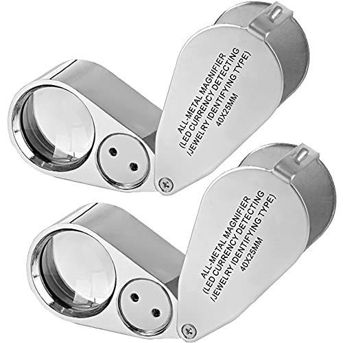 2 Pack 40X Metal Illuminated Jewelry Loop Magnifier, Magnifying Glass with LED Light Pocket Folding Jewelers Loupe for Currency Detecting Jewlers Identifying Type Lupe - size: 2PCS