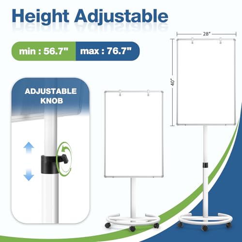 Magnetic Mobile Whiteboard, 40"x28", Height Adjustable Flip Chart Easel - color: Rolling, size: 28"W x 40"H
