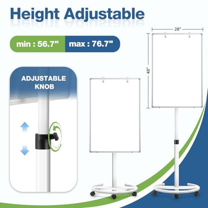 Magnetic Mobile Whiteboard, 40"x28", Height Adjustable Flip Chart Easel - color: Rolling, size: 28"W x 40"H