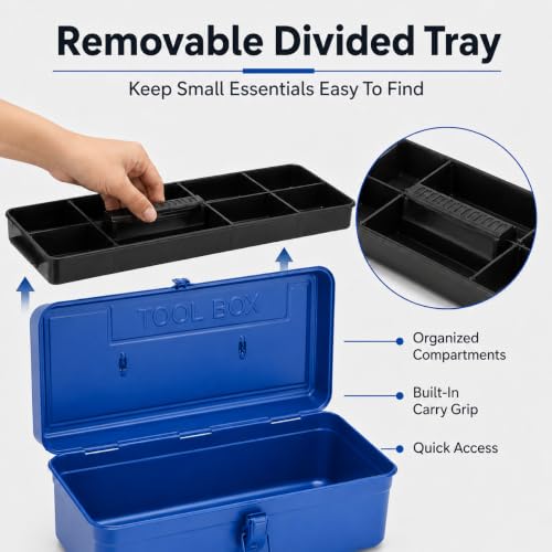 14.2 Inch Portable Metal Tool Box with Removable Tray, Blue - color: Blue