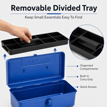 14.2 Inch Portable Metal Tool Box with Removable Tray, Blue - color: Blue