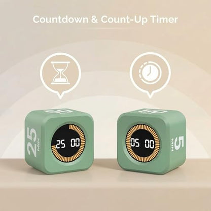 KADAMS Pomodoro Timer – Visual Timer Cube, LED Countdown Ring & Count Up Mode, Silent Flip Productivity Timer for Study, Classroom, Office, Cooking (Green 5-10-25-50 min) - color: Green 5-10-25-50 Min