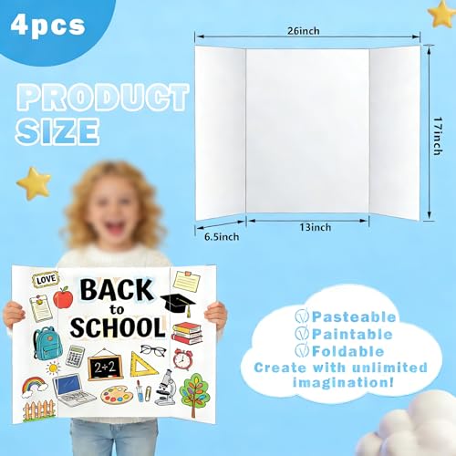 KISOY 4 PCS 26" x 17" Trifold Poster Board,White Display Board for School Projects and Presentations (4, 26 x 17 Inches)