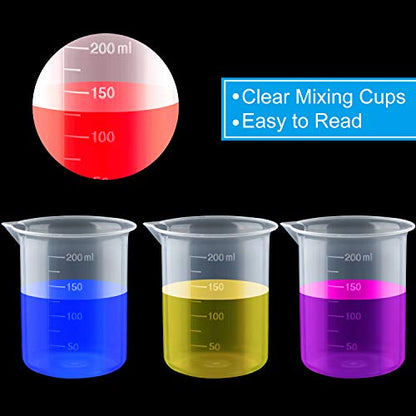 Coopay 12 Pack 200ml/6.8oz Plastic Beakers Epoxy Mixing Cups, Plastic Graduated Cups Clear Multipurpose Measuring Cups with 50 Pack Wooden Stirring Sticks for Resin, Epoxy, Stain, Mixing Paint - size: 200ml