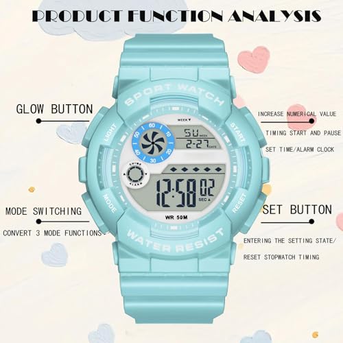 findtime Digital Watch Womens Sport Waterproof White Wrist Watches for Women with Alarm Stopwatch Hourly Chime LED Display 12H/24H Calendar - color: Blue