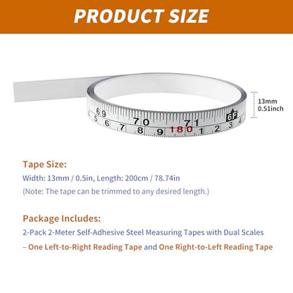 2-Pack Steel Self-Adhesive Measuring Tape, Imperial & Metric Stick-on Ruler, Left to Right and Right to Left Reading Tape Measure for Woodworking, Workbench, Table Saw, Drafting Table, 200cm/78Inch - size: 2m
