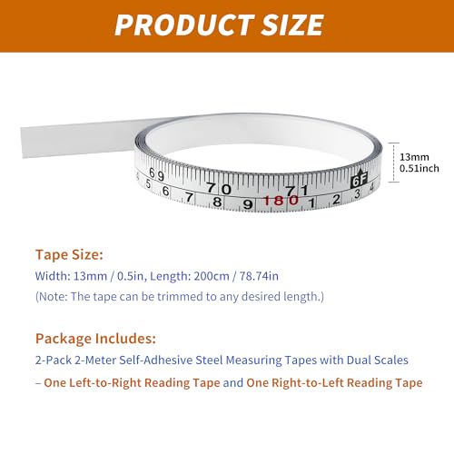 2-Pack Steel Self-Adhesive Measuring Tape, Imperial & Metric Stick-on Ruler, Left to Right and Right to Left Reading Tape Measure for Woodworking, Workbench, Table Saw, Drafting Table, 200cm/78Inch - size: 2m