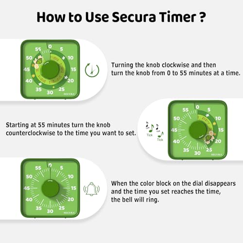 Secura 7.5-Inch Animal Pattern Visual Timer for Kids, 60-Minute Countdown Timer for Classroom or Kitchen, Durable Mechanical Timer Clock with Magnetic Backing (Green) - color: Animal & Green
