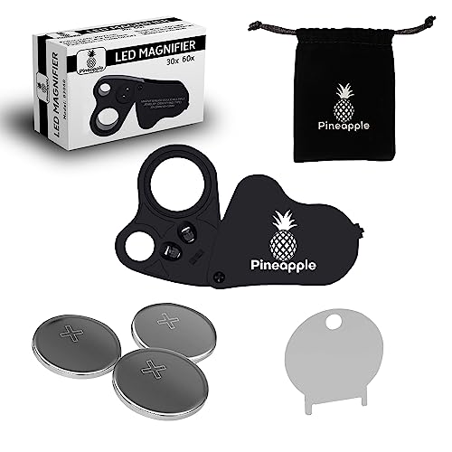Pineapple 30X 60X Jewelers Loupe Magnifier with Light, Lighted Magnifying Glass Jewelry Loop, Pocket Magnifier for Coins, Jewelry, Plants, Currency, Diamonds, Stamps (Black)