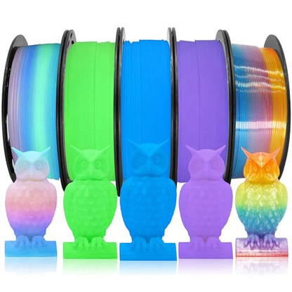 1.75mm PLA 3D Printer Filament Bundle: Glow in Dark Green, Blue, Purple, Rainbow, One Spool Clear Multi Colored Rainbow, Each Spool 250g, Total 1.25Kg 3D Printing Filament, 250g x 5 Spools PLA