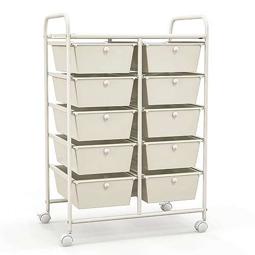 COSTWAY 10 Drawer Rolling Storage Cart, Utility Cart with Lockable Wheels - color: White, size: 10 Drawer