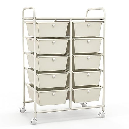COSTWAY 10 Drawer Rolling Storage Cart, Utility Cart with Lockable Wheels - color: White, size: 10 Drawer