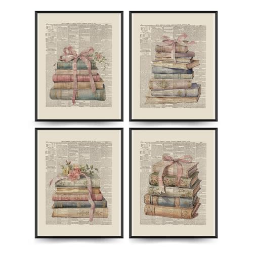 ETVISO Vintage Wall Decor, Library Book Club Decorations, Retro pink bow Books Wall Art Bookish Gifts Posters for Room Aesthetic, Book Themed Party Decorations 12x16 Set of 4 Unframed - color: Book, size: 12x16 in