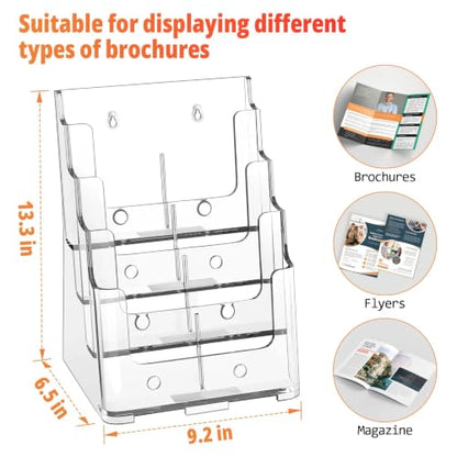 FUCDTEFC 2 Pack Acrylic Brochure Holder 8.5x11 & 4 x9 Inches, Clear 4 Tier Magazine Holder Brochure Display Stand w Removable Divider, Literature Pamphlet Flyer Holder for Wall Mount or Countertop - size: 2 Pack 4-Tier Brochure Holder