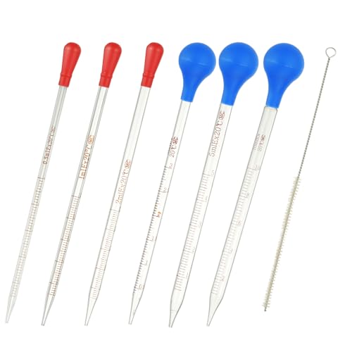 PATIKIL Graduated Dropper Pipettes Kit, 0.5/1/2/3/5/10ml Borosilicate Glass Pipette with Blue Rubber Cap and Brush for Transfer Liquid for Lab, Chemistry, Clear