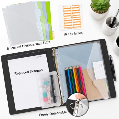 3 Ring Binder with Clipboard,1 Inch Binders with Notepad&5 Dividers with Pockets, Pen Holder, Leather Clipboards for School Office(Black,Letter Size) - color: Black, size: 1 Inch