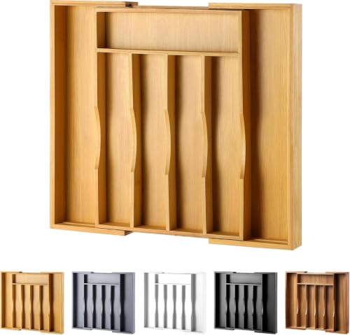 Expandable Bamboo Kitchen Drawer Organizer for Cutlery and Utensils, Adjustable Bamboo Wood Cutlery Tray in Drawer for Flatware and Silverware in Kitchen, (Natural) - color: Natural, size: 7 Slots Expandable