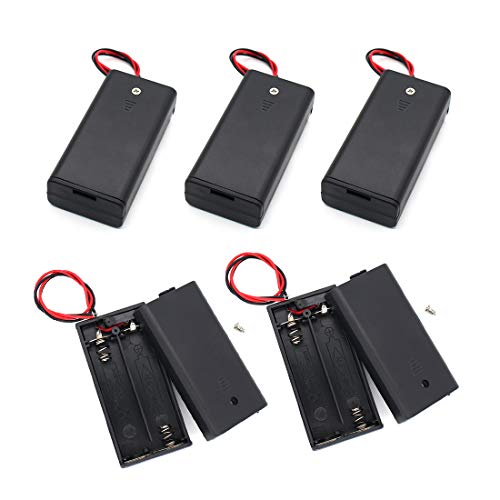OLIREXD 2 AA Battery Holder Storage Case with Leads Wires ON/Off Switch Cover Connection 2 Slots x 1.5V Battery Spring Clip (5-Pack)