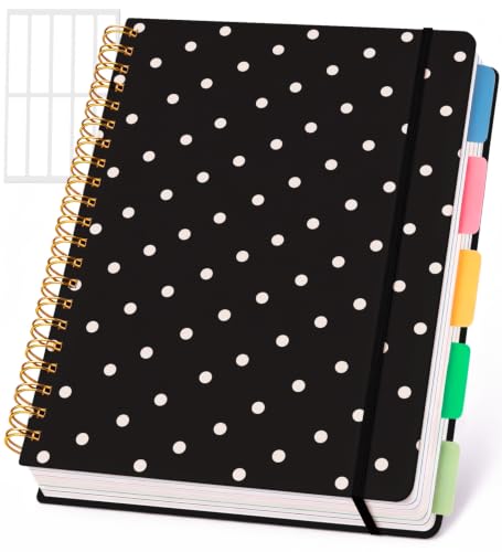 Cute Spiral Notebook 8.5 x 11 Lined Journal A4 with Pocket, Polka - color: Black Polka Dot, size: A4