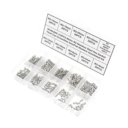 310PCS M2 304 SS Knurled Socket Head Cap Screws Nuts Washers Kit - size: M2
