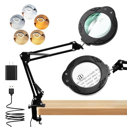 Magnifying Glass with Light and Clamp, 10X 30X LED Desk Magnifier with Real Glass Lens, 5 Color Modes, 3 Brightness Levels, Hands-Free Magnifying Lamp for Reading, Crafts, Electronics and Jewelry - color: Clamp