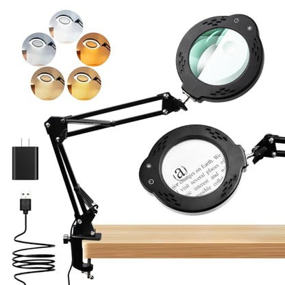 Magnifying Glass with Light and Clamp, 10X 30X LED Desk Magnifier with Real Glass Lens, 5 Color Modes, 3 Brightness Levels, Hands-Free Magnifying Lamp for Reading, Crafts, Electronics and Jewelry - color: Clamp