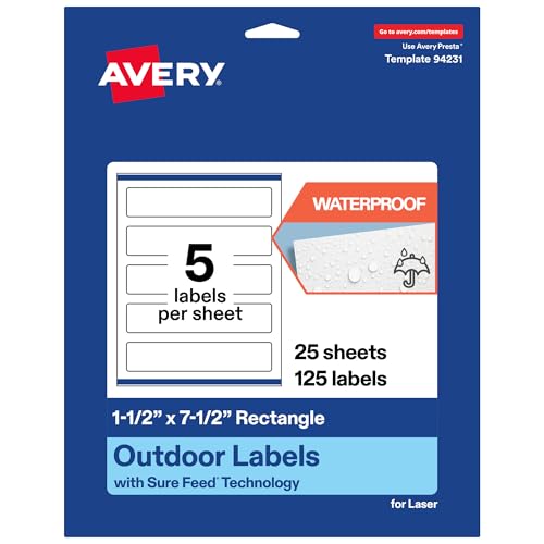 Avery Outdoor Waterproof Rectangle Labels with Sure Feed Technology, 1.5" x 7.5", White Film, Print-to-the-Edge, Compatible with Laser Printers, 125 Labels Total - style: 125 labels