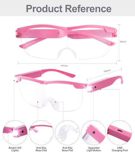 OKH 200% Magnifying Glass with Light, Rechargeable Lighted Magnifying Glass, Jewelry Magnifier with 2 LED Lights, Pink Magnifying Glasses for Close Work Reading Crafts Jewelry - color: Pink, size: 2.0x