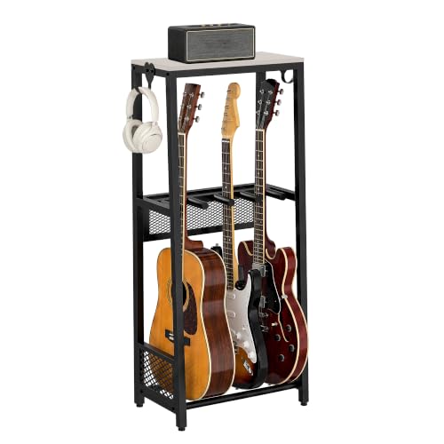 EmberGlow Multi Guitar Stand with Top Wood Display Shelf, 24.5lbs Heavy Duty Guitar Rack Floor Holder (1.2mm Thick Tubes), Patented Anti-Collision Mesh, Premium Instrument Accessories for Home Music Studio, GRAY - color: Gray Shelf Board, size: Small - 3