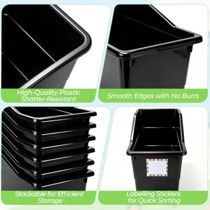12 Pack Book Bins for Classroom Stackable Plastic Storage with Labels - color: Black
