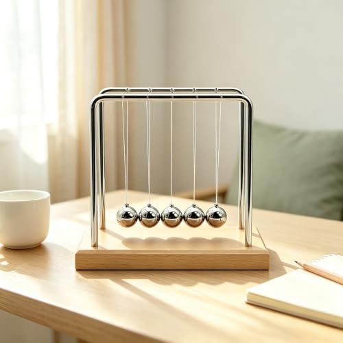 Newtons Cradle Balance Pendulum Balls, Swinging Kinetic Balls with Beech Base, Science Physics Educational Learning Tool, Office Home Creative Decoration, Stress Relief Fidget Desk Toy (Medium) - size: Beech Base Medium - 5 Balls