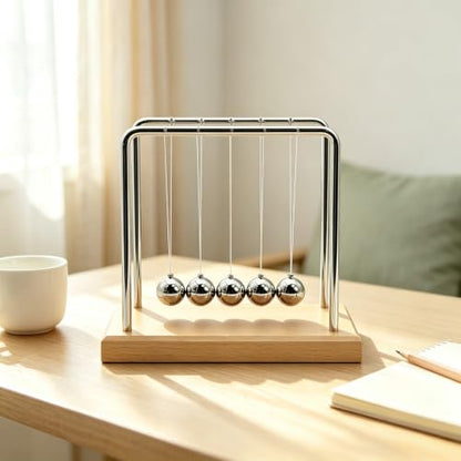 Newtons Cradle Balance Pendulum Balls, Swinging Kinetic Balls with Beech Base, Science Physics Educational Learning Tool, Office Home Creative Decoration, Stress Relief Fidget Desk Toy (Medium) - size: Beech Base Medium - 5 Balls