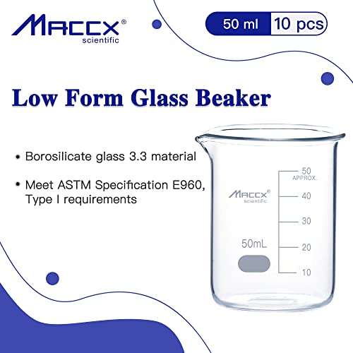 1.7oz(50ml) Sturdy Glass Beaker, 3.3 Borosilicate Griffin Low Form with Printed Graduation, Pack of 10, BKL050-010 - style: Vol.50ml, Pack of 10